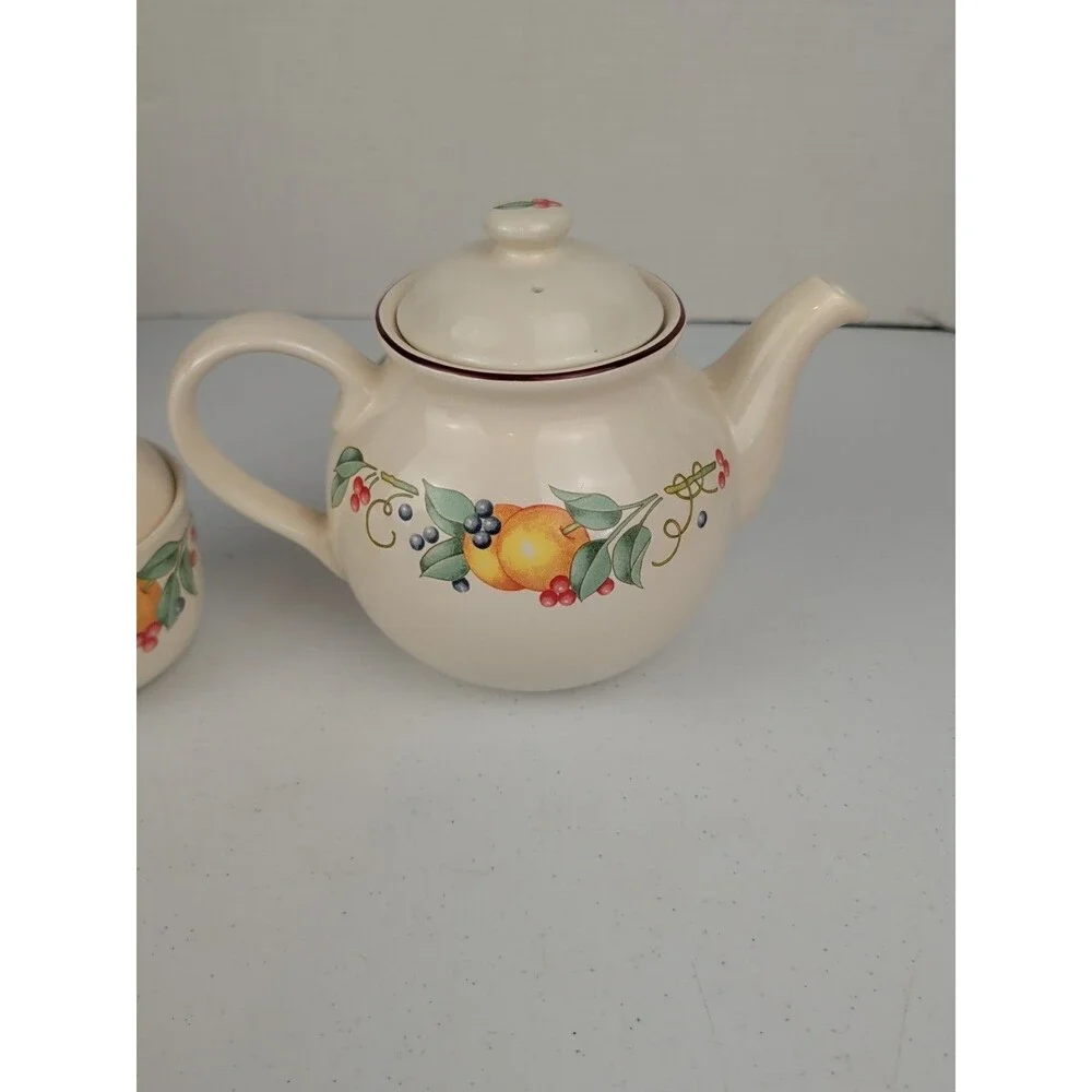 Vintage Corelle Coordinates Stoneware Teapot With Creamer & Sugar Bowl  Fruit